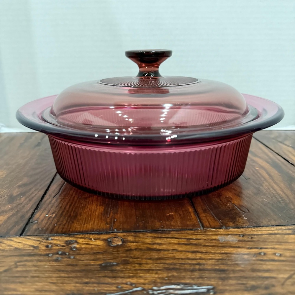 Vintage Corning Visions Cranberry Glass Casserole Dish Ribbed 1.5L Cookware